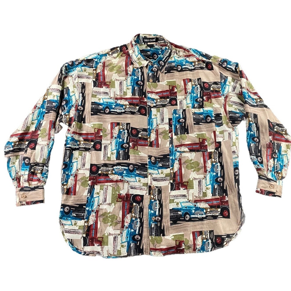 Vtg Silk Club Button Shirt Antique Cars Trucks All Over Print Large Retro Silk